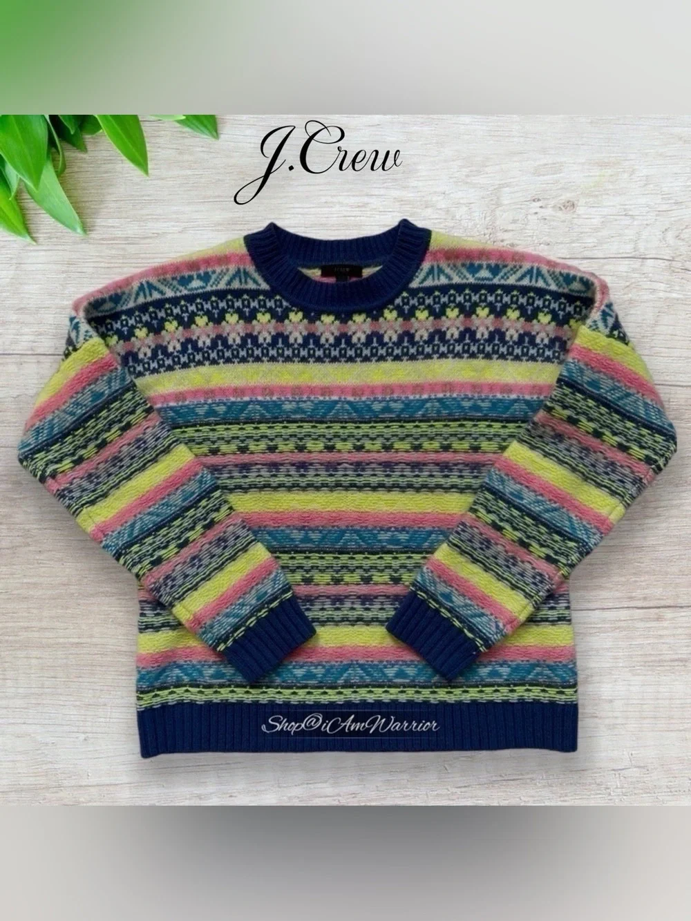 J.Crew Neon Fair Isle Mohair Wool Blend Striped Crewneck Sweater